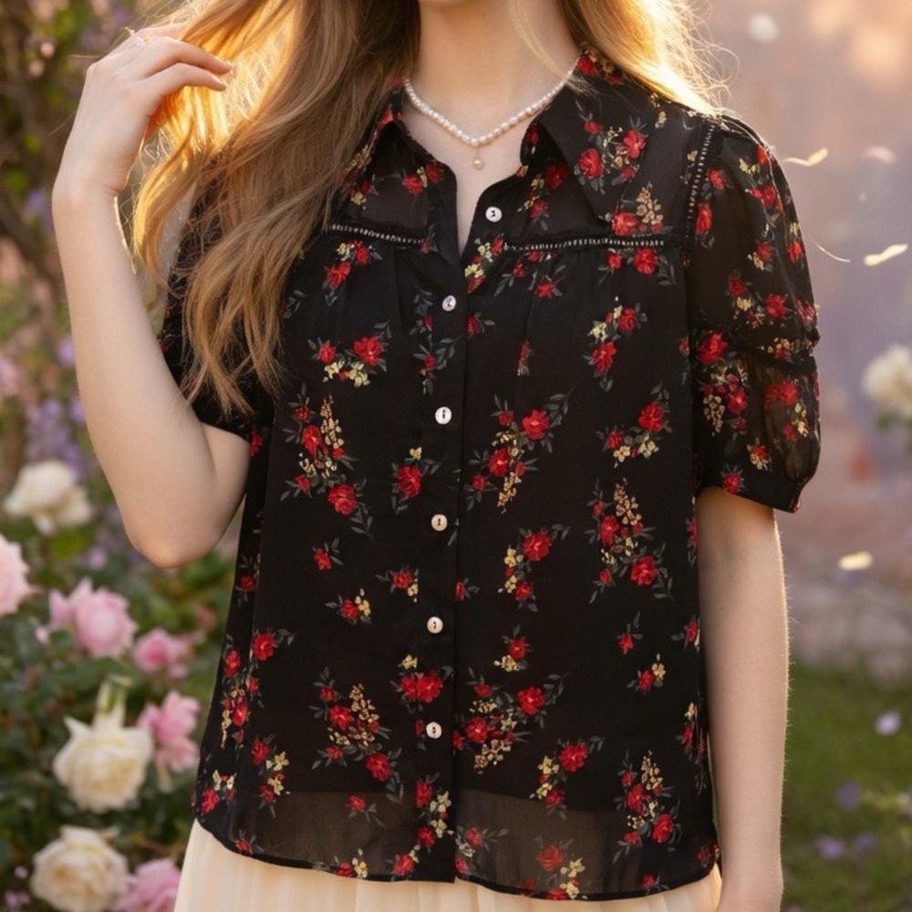 Urban Revivo Floral Button-Down Blouse in Black with Red Roses SZ M